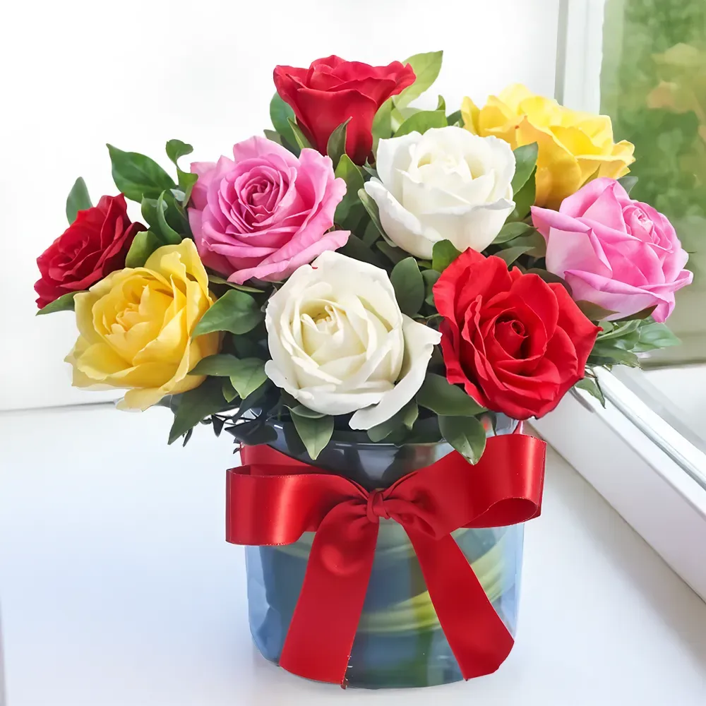 Rainbow Romance – 10 Mixed Roses in Vase
