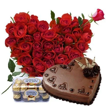 “Grand Romance Hamper: 50 Roses with Heart Cake & Ferrero Rocher”