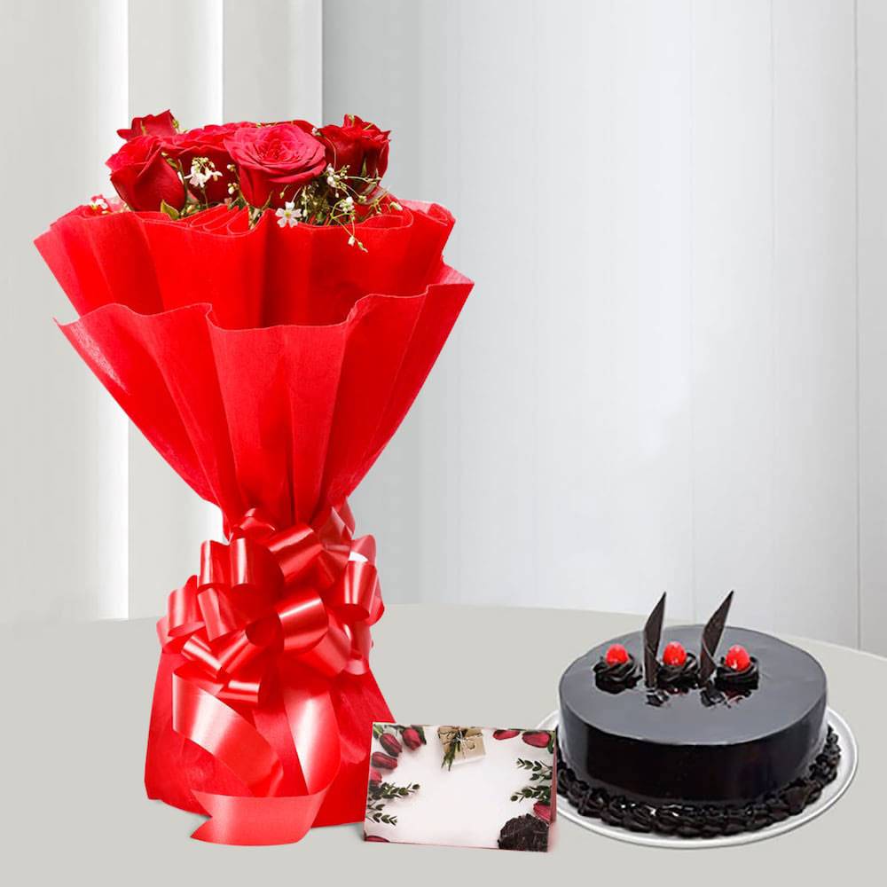 Romantic Combo: 8 Red Roses & Chocolate Cake