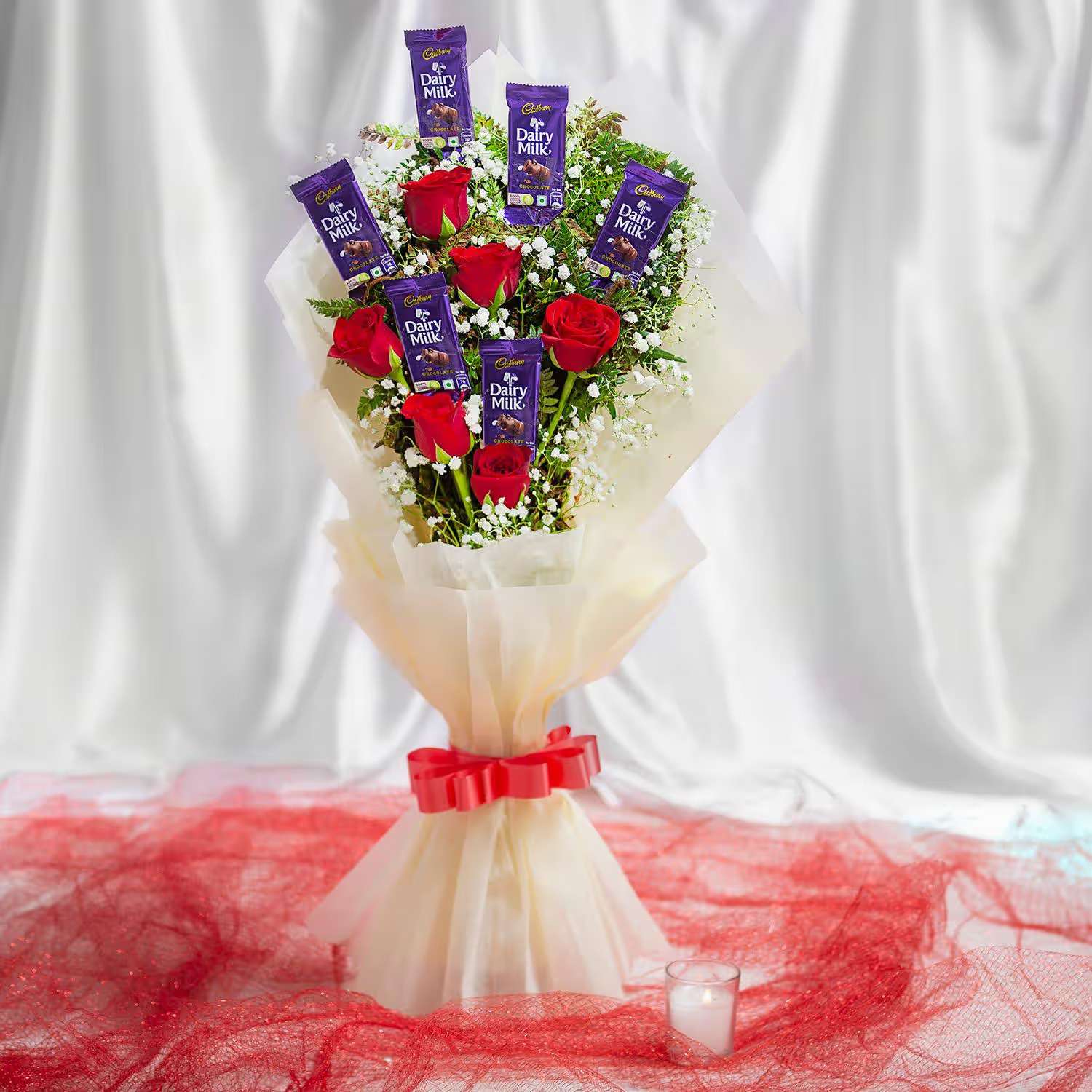 Charming 6 Red Roses Bouquet with Chocolate Delight