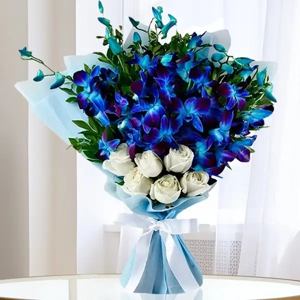 Elegant Blue Orchid & 6 White Rose Bouquet