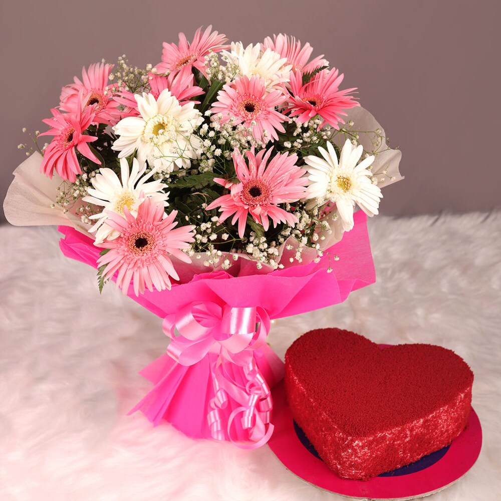 “Love Charm Combo: Gerbera Blooms & Red Velvet Heart Cake”