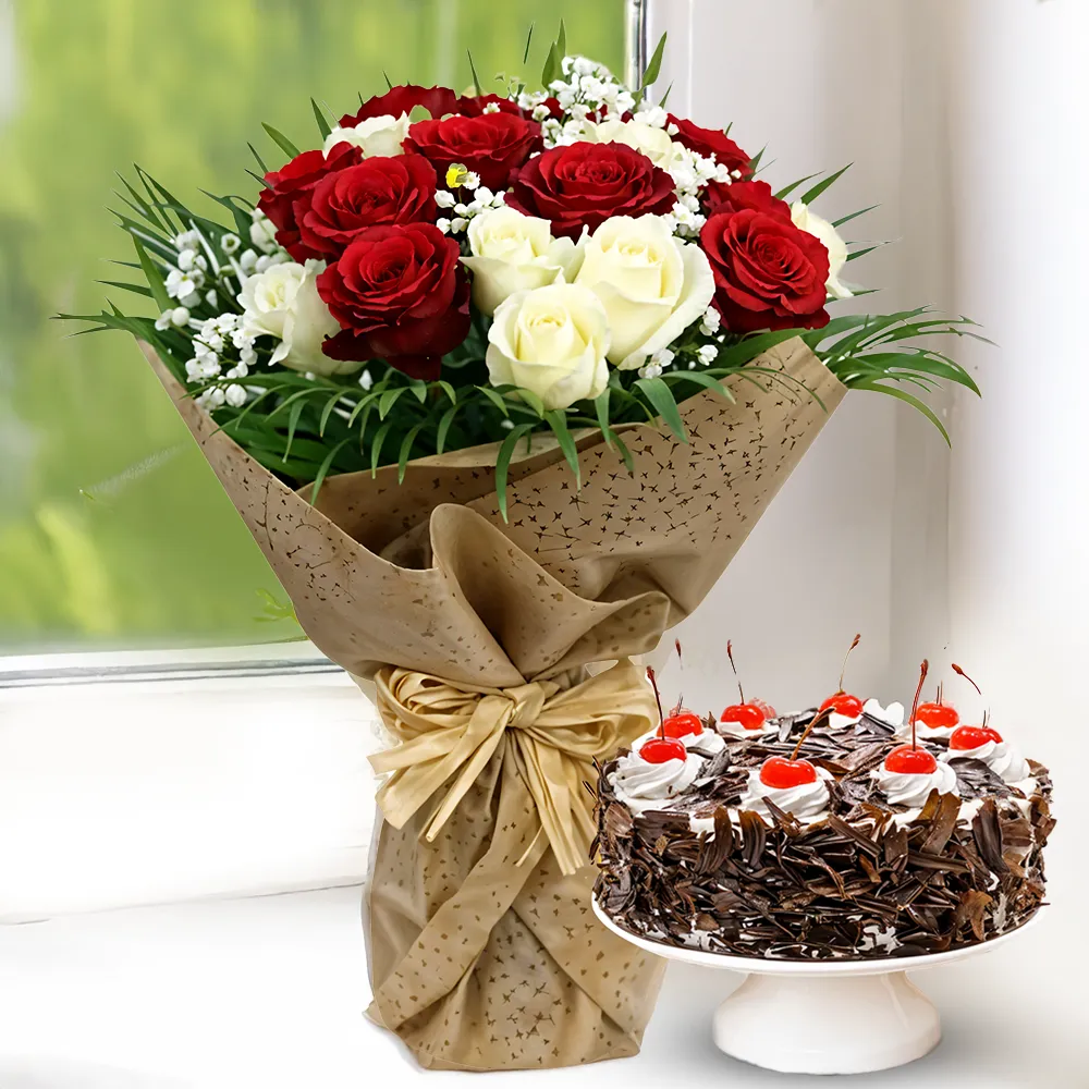 15 Red & White Roses Bouquet with 1 Pound Black Forest Cake Combo Pack