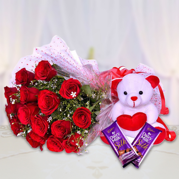 Perfect Surprise: 15 Red Roses with Teddy & Chocolate