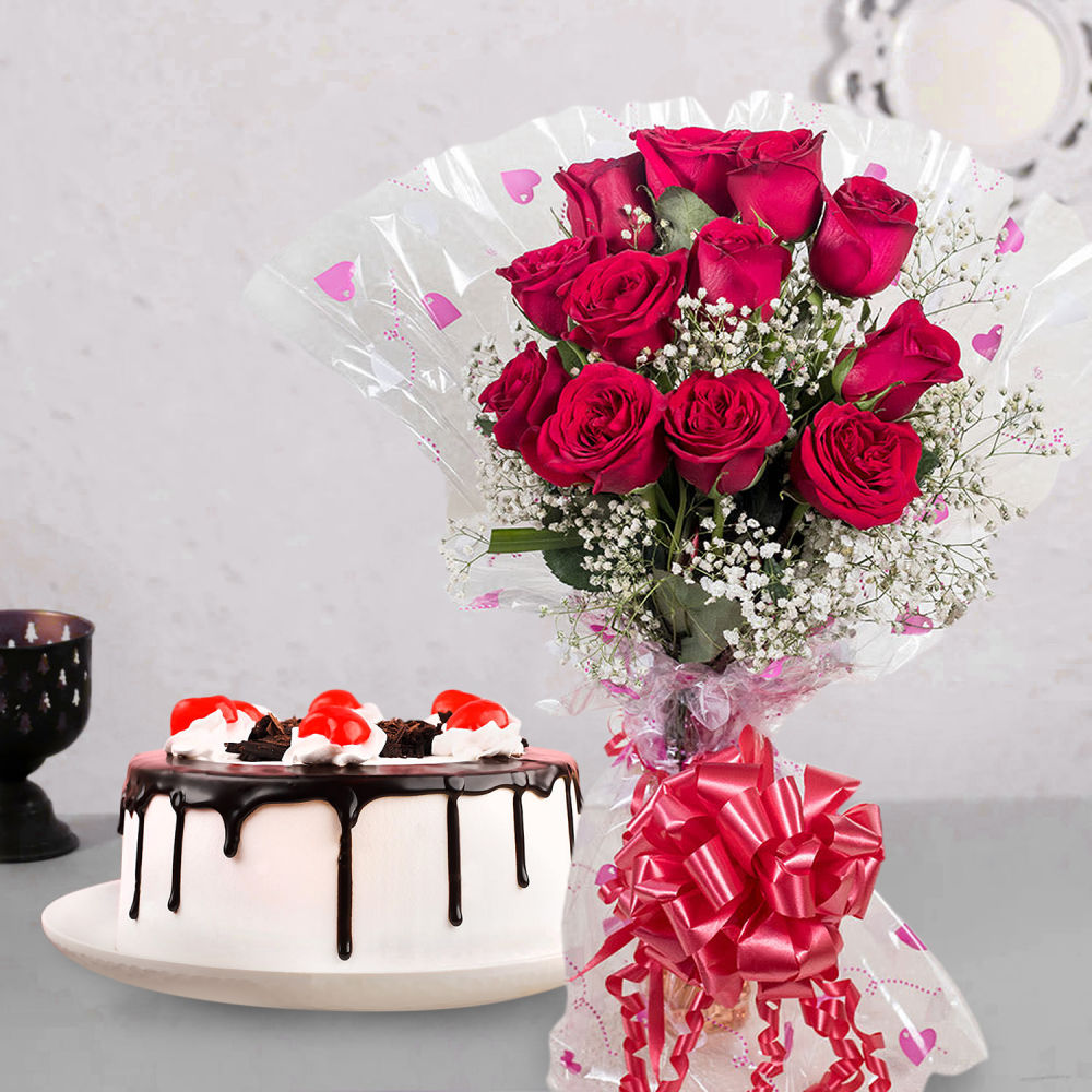 “Elegant Surprise: 12 Roses with Black Forest Cake (1 Pound)”
