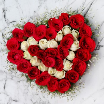 Luxury 40 Red & White Roses Heart Arrangement