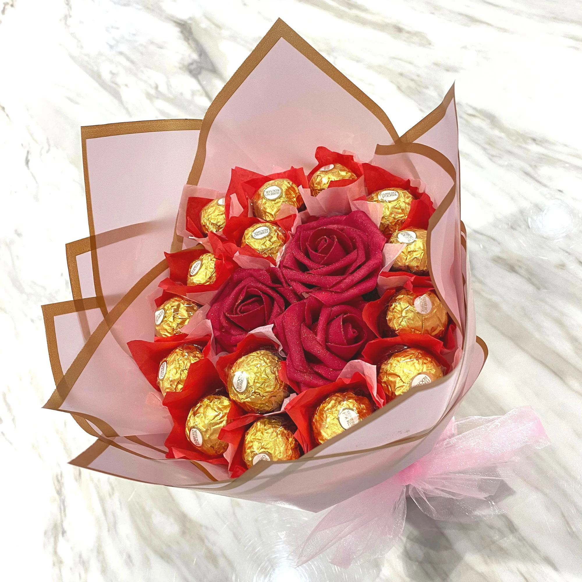 Golden Delight: Roses with Ferrero Rocher Chocolate Bouquet