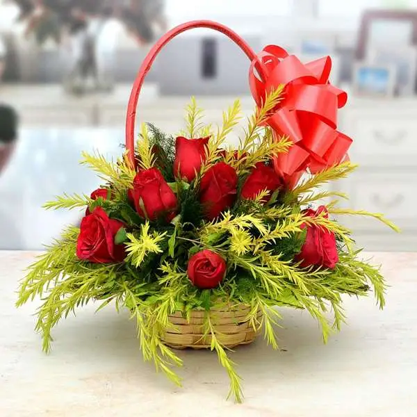 Elegant 10 Red Rose Basket Arrangement