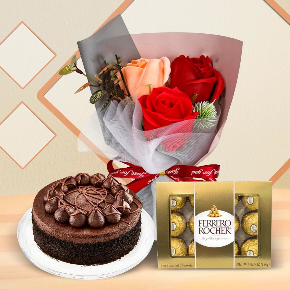 “Sweet Love Hamper: Roses, Brownie Cake & Ferrero Rocher”