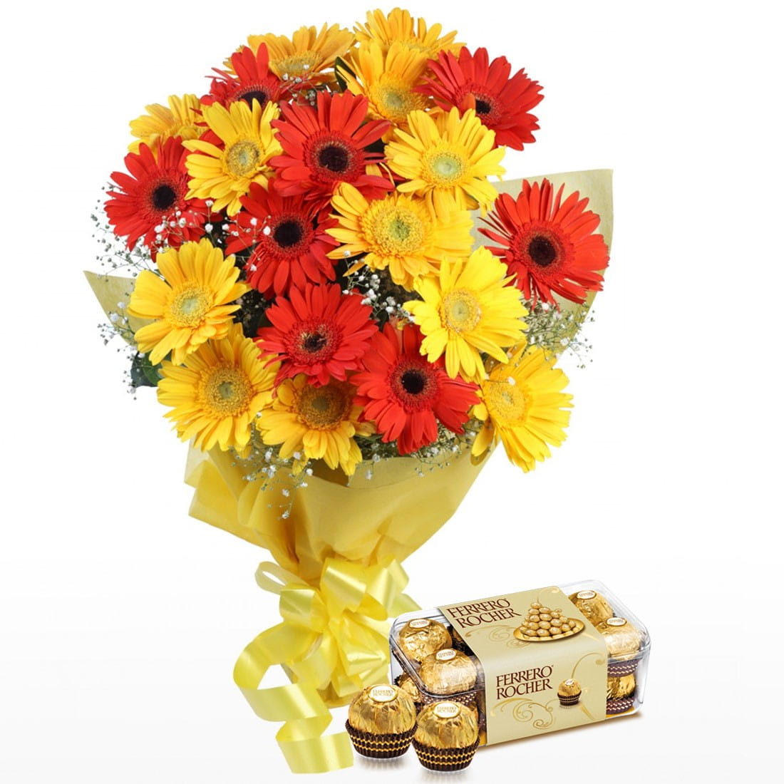 “Sunshine Delight: 20 Gerbera Blooms with 16 Ferrero Rocher”