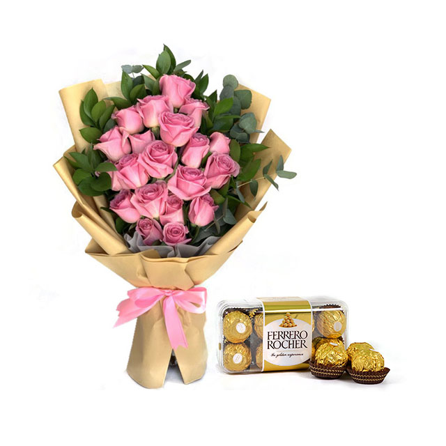 Luxury 20 Pink Roses Bouquet with Ferrero Rocher Chocolates (16 pcs)